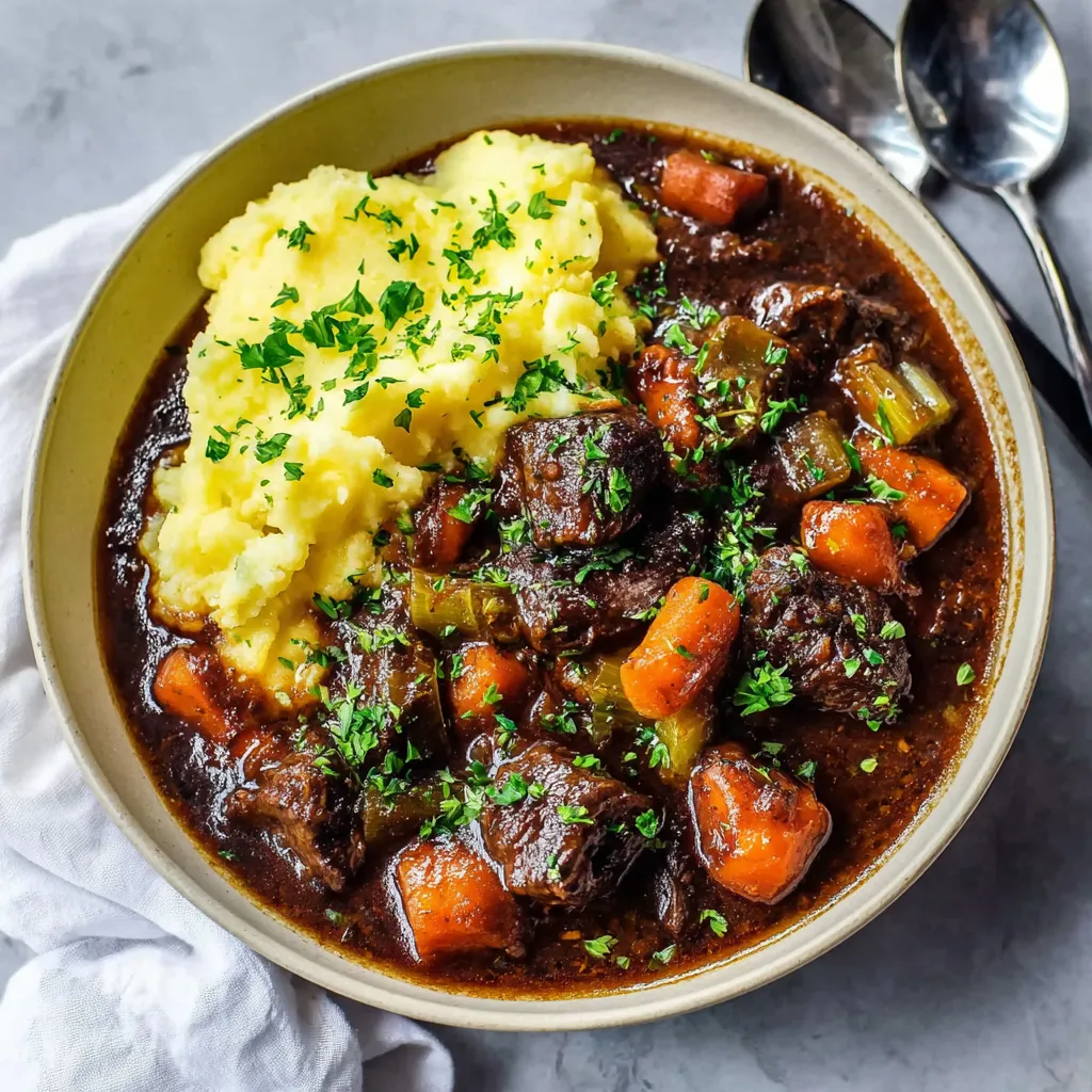 A bowl of food with meat and potatoes.