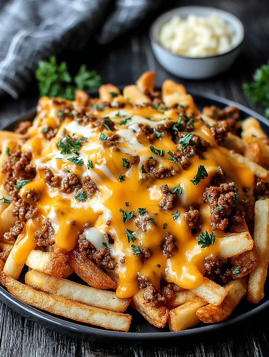 A plate of french fries with cheese and meat on top.