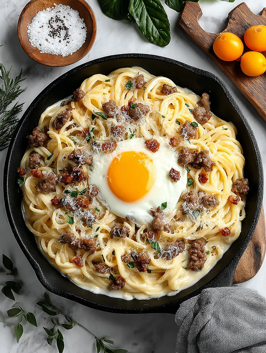 A bowl of pasta with a fried egg on top.