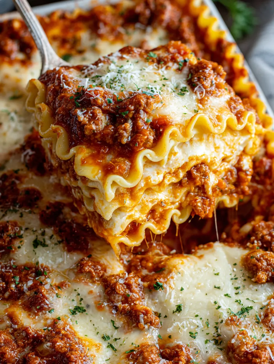 A fork is in a plate of lasagna.