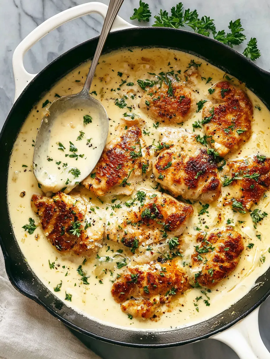 A bowl of chicken with a spoon in it.