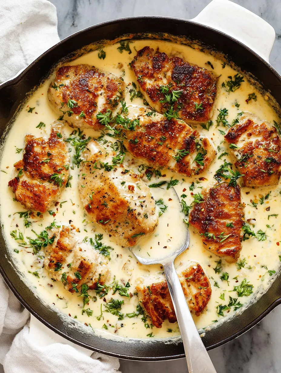 A pan of chicken with herbs and sauce.