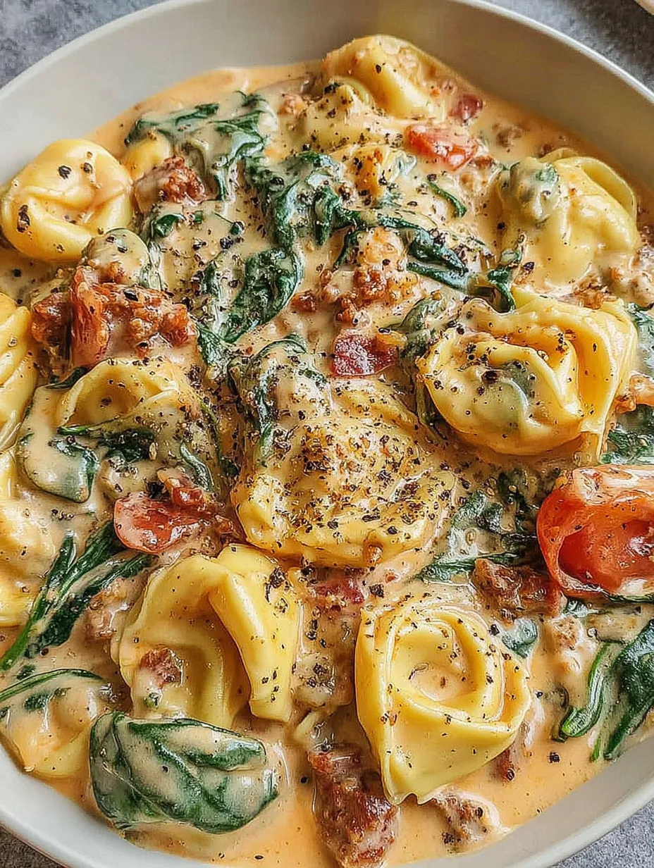 A bowl of pasta with tomatoes and spinach.