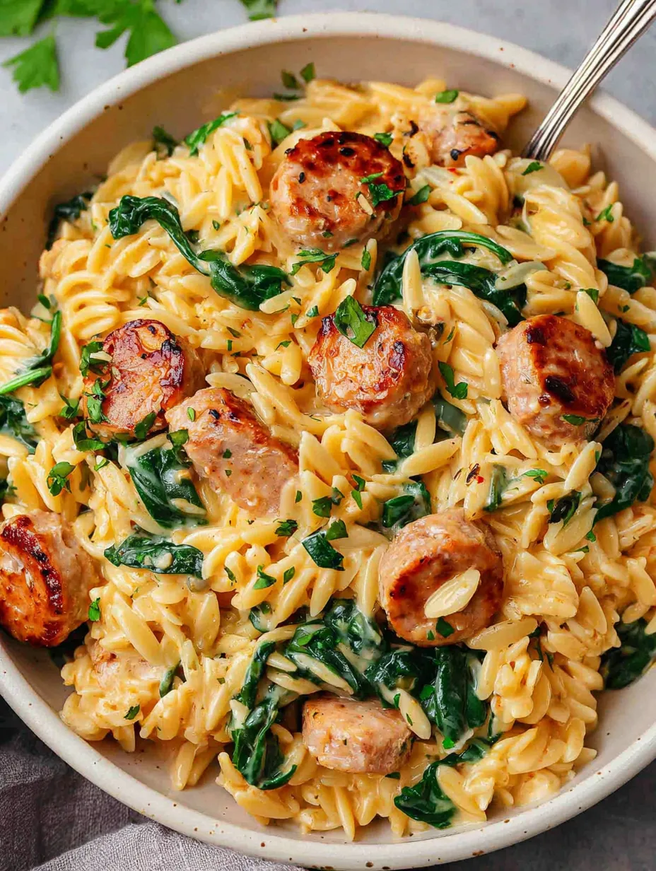 A bowl of pasta with sausage and spinach.