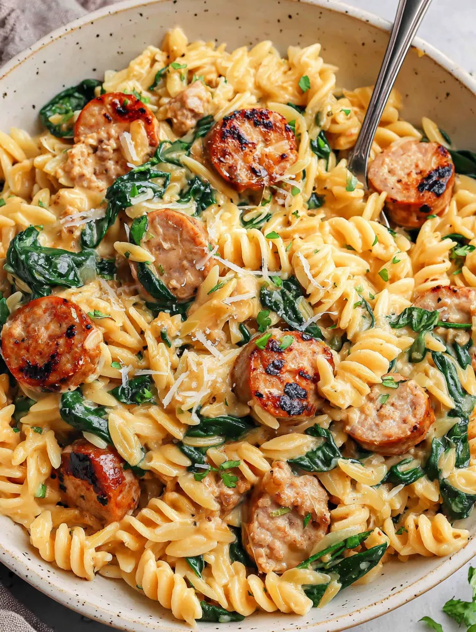 A bowl of pasta with sausage and spinach.