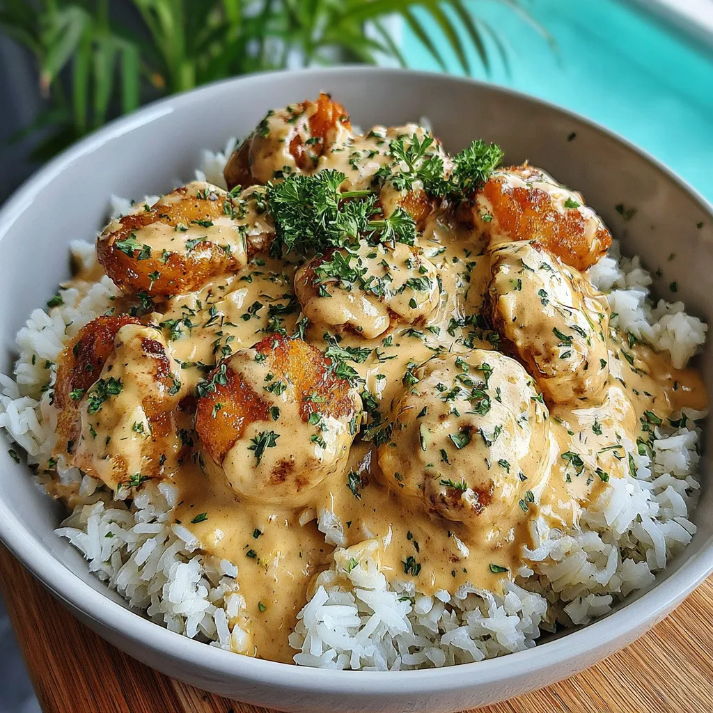 A bowl of rice with chicken and sauce.