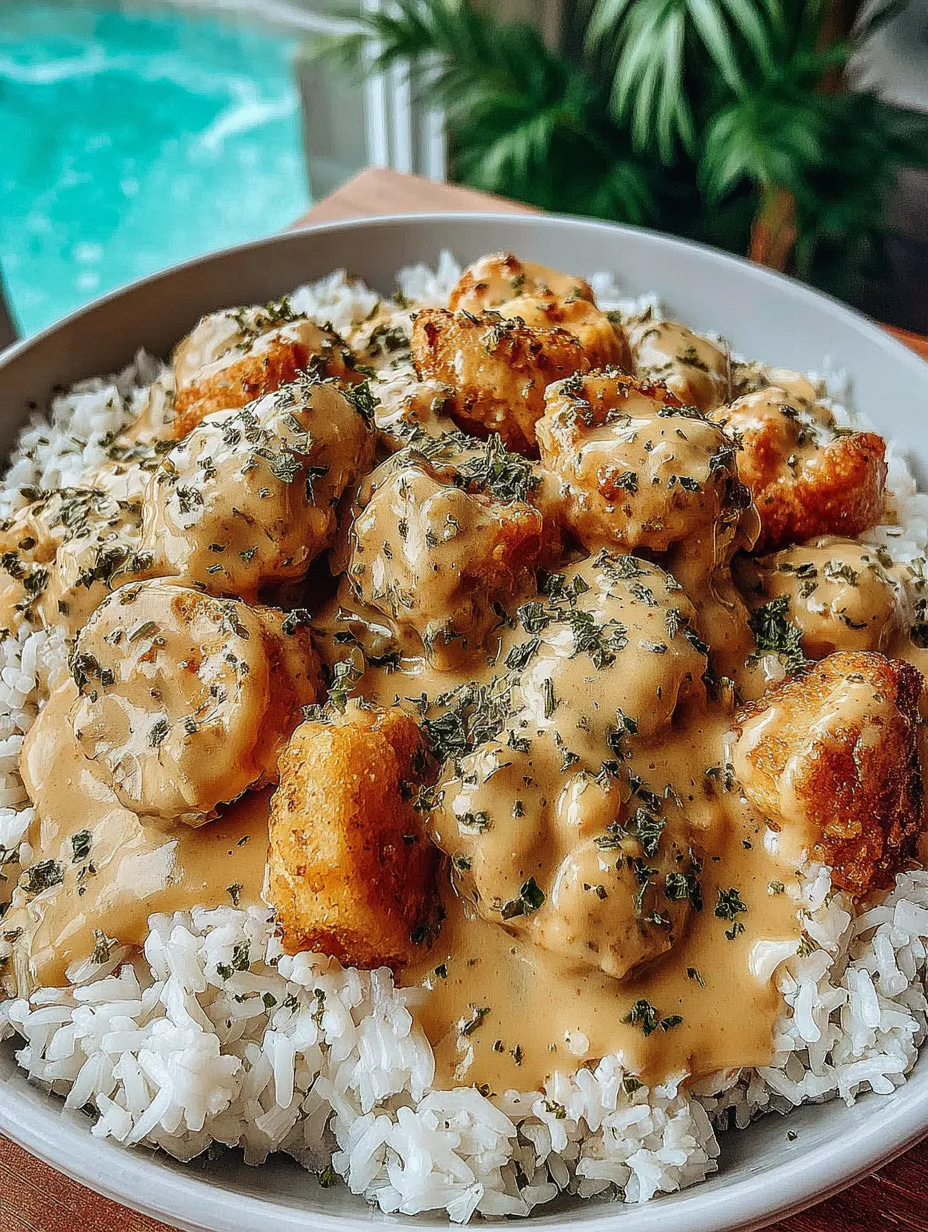 A bowl of rice with chicken and sauce.