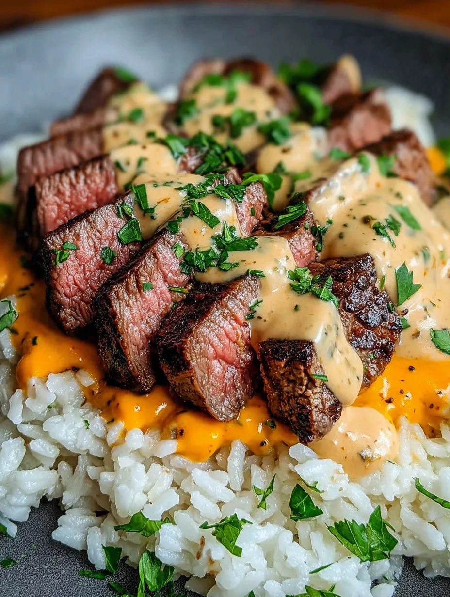 Steak with sauce on rice.