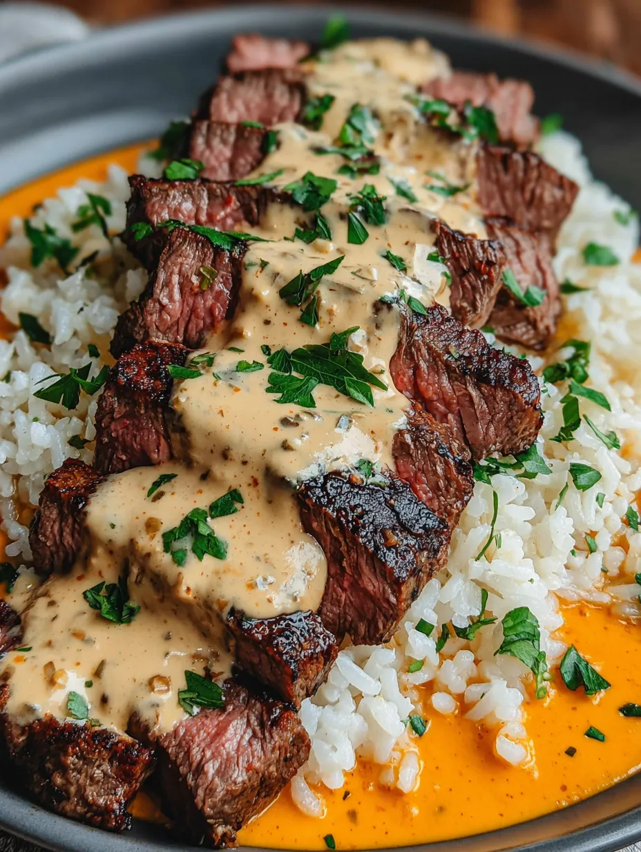 Steak with sauce on top of rice.