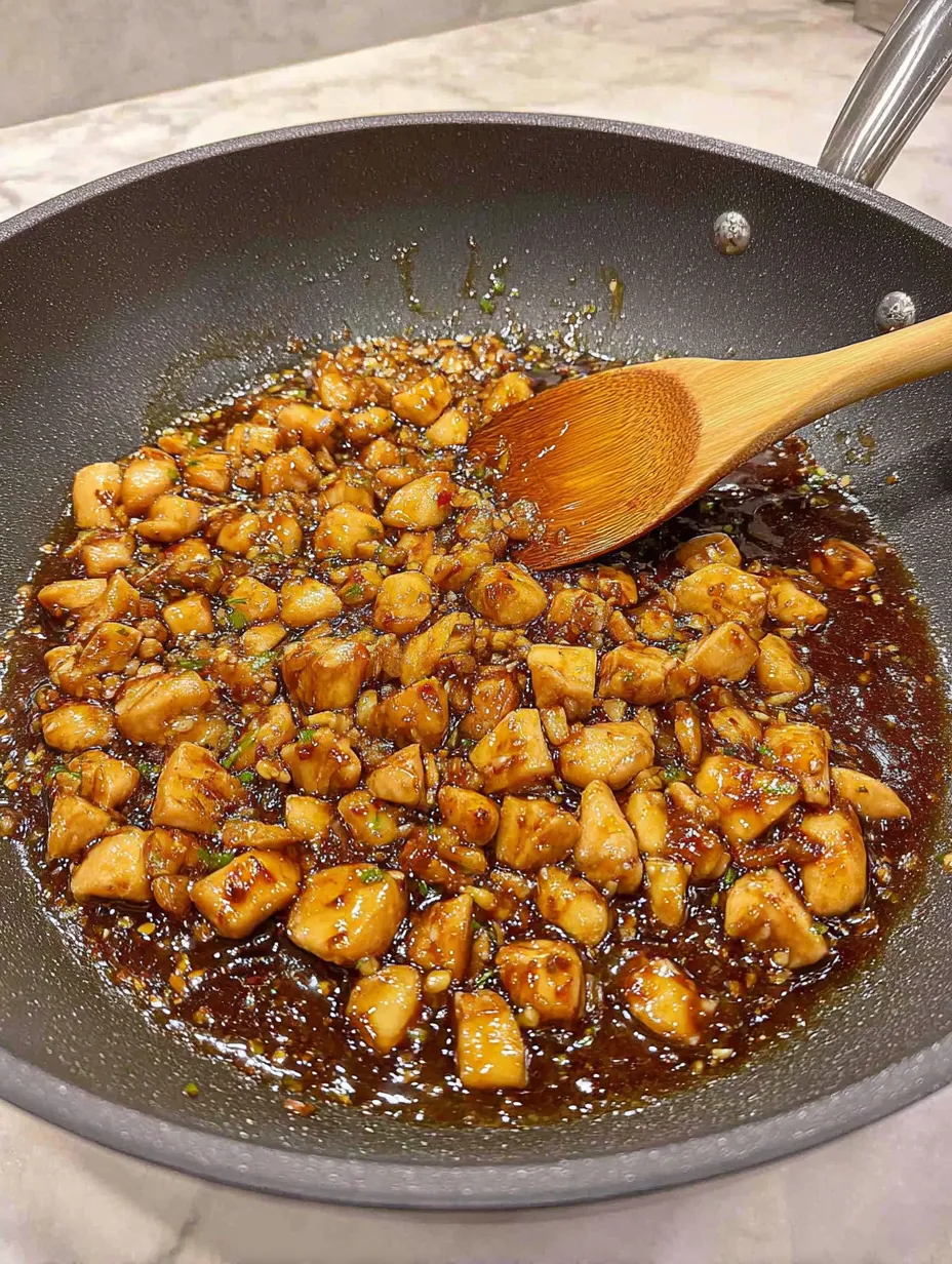 A wooden spoon is stirring a pan of chicken.