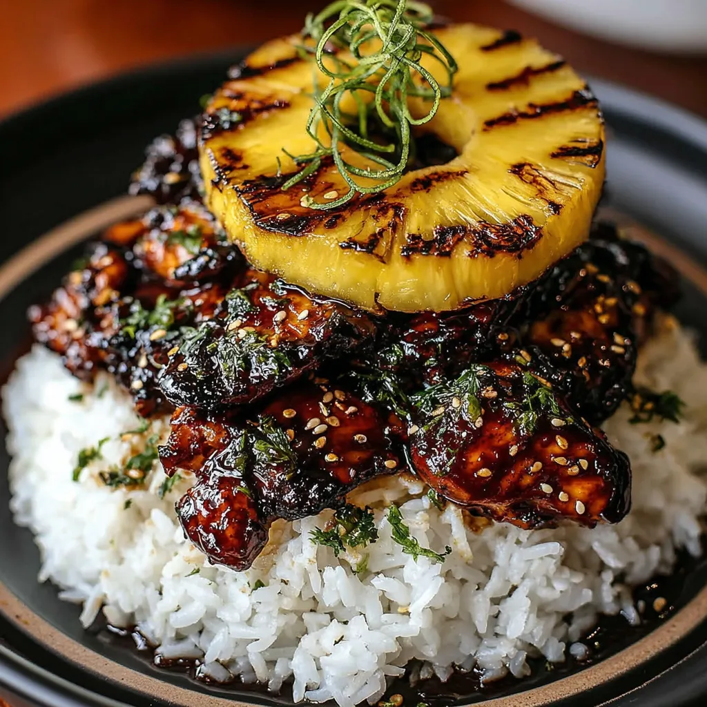 Ein schwarzes Plateau mit einer Kombination aus Rice, Pineapple und Meat.