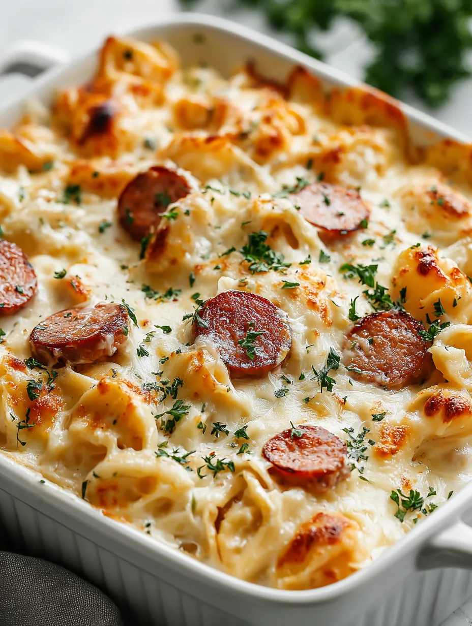 Ein weißer Teller mit einer Mischung aus Käse, Sausage und Pasta.