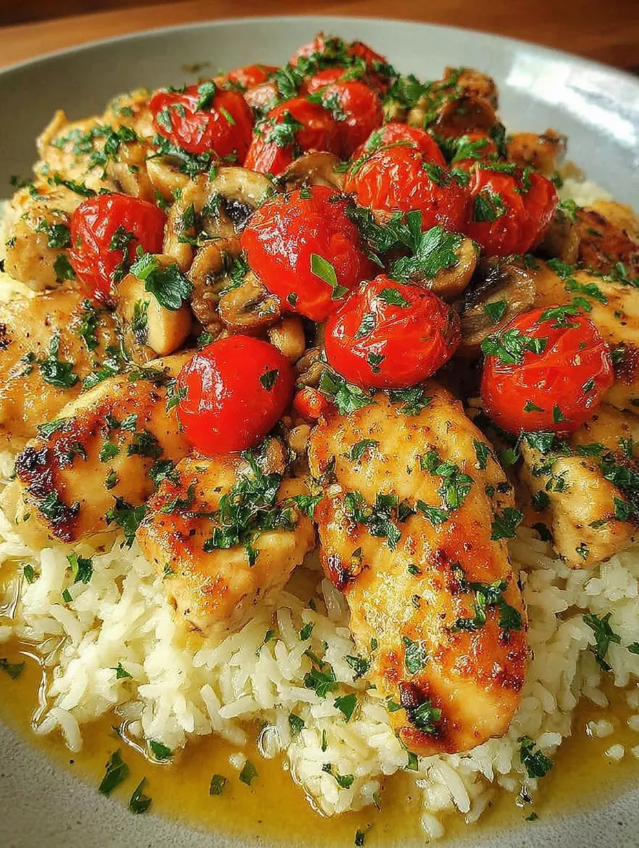 Eine Platte mit Rice und Chicken, die mit Tomaten, Zwiebeln und Basilikum garniert ist.