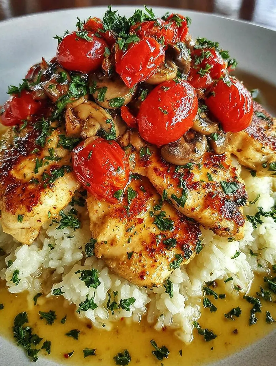 Eine Platte mit gegrilltem Fleisch, Riz und Tomaten.