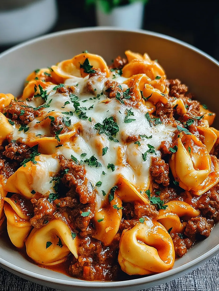 Ein Bild zeigt eine Schüssel mit Penne-Nudeln, die mit Rindfleisch, Käse und Zwiebeln garniert sind.
