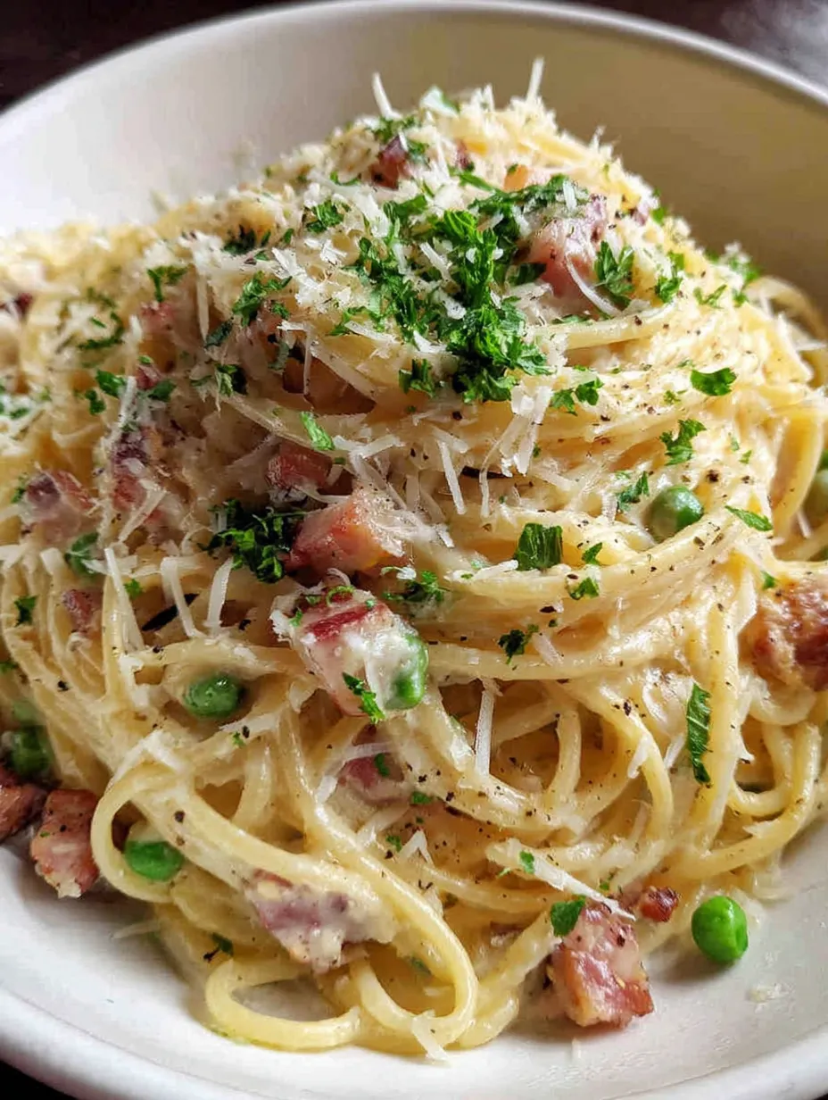 Eine Schüssel mit Pasta, Peas und Bacon.