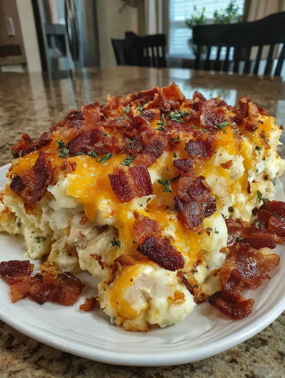 Ein weißer Teller mit Bacon-Topped Macaroni and Cheese.