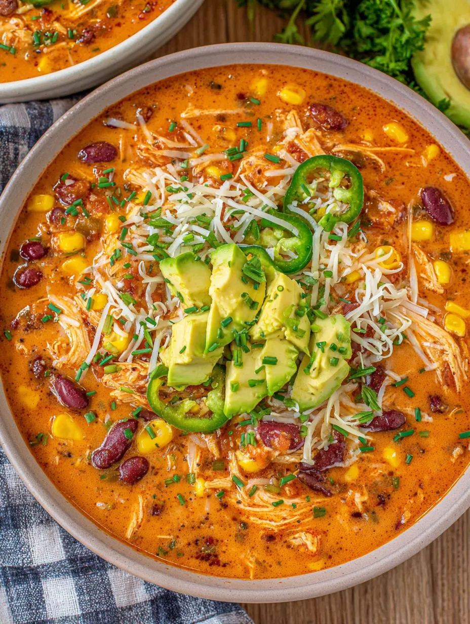 A bowl of soup with chili, corn, and avocado.