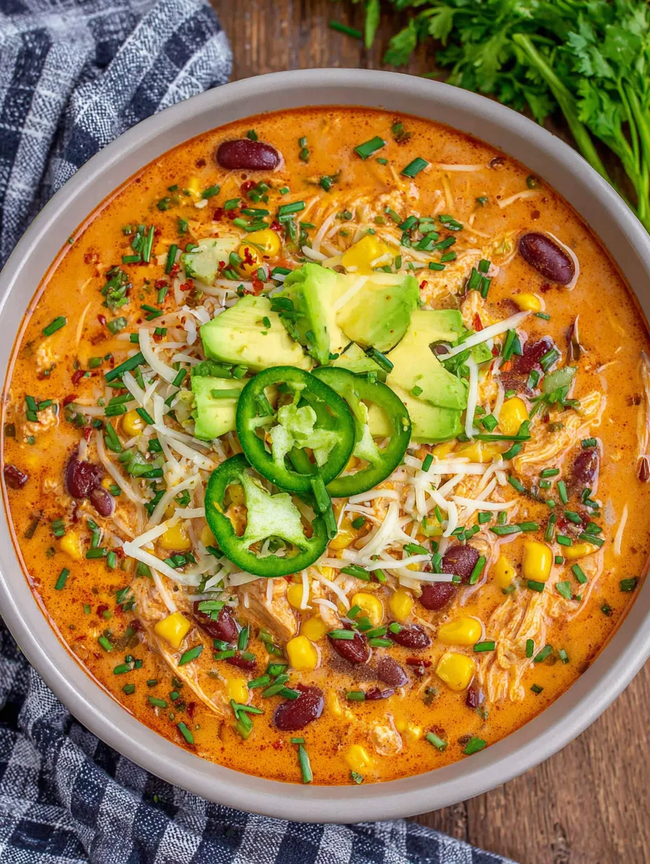 A bowl of soup with avocado, corn, and jalapenos.