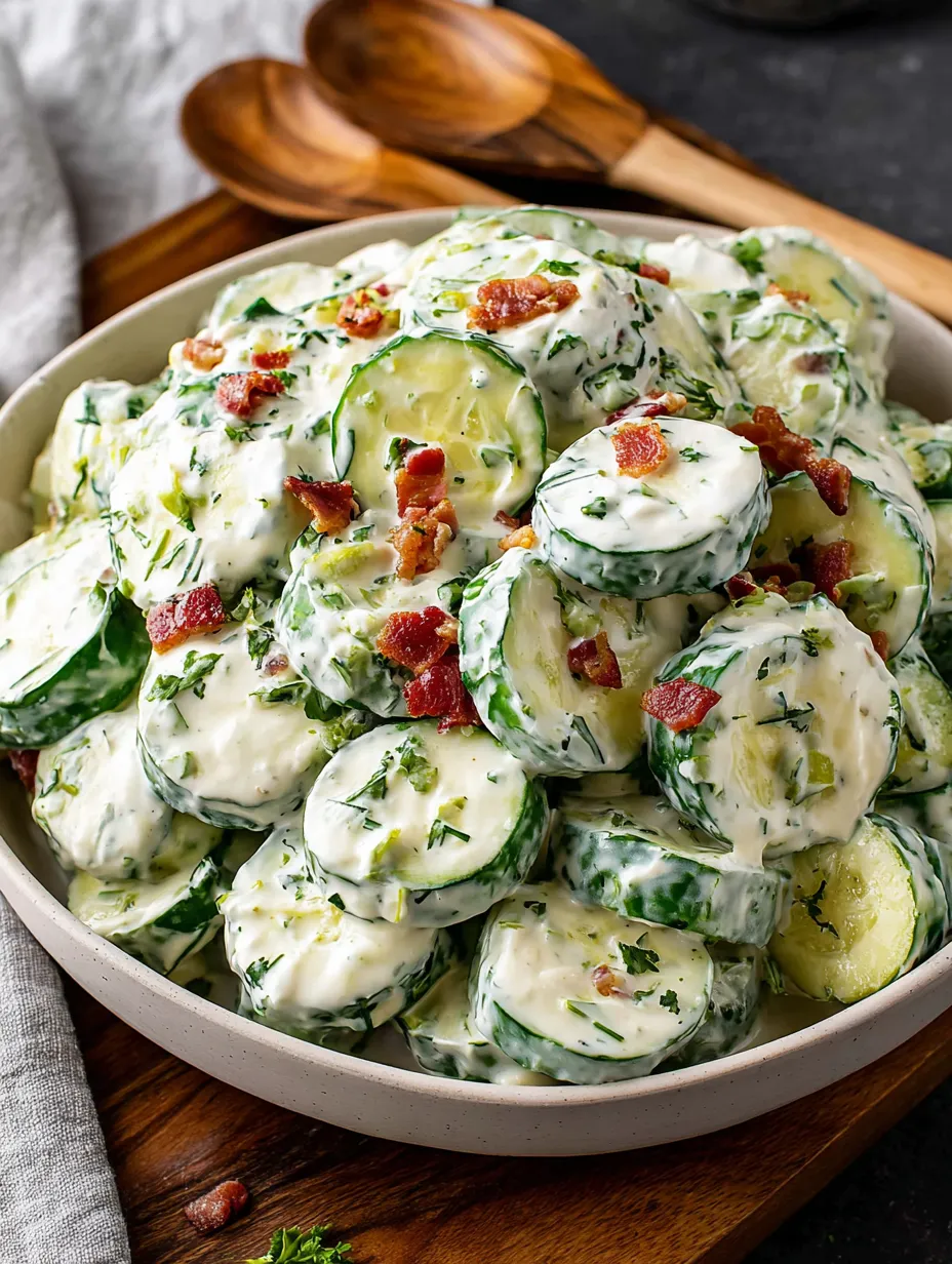 A bowl of food with bacon and cucumbers.