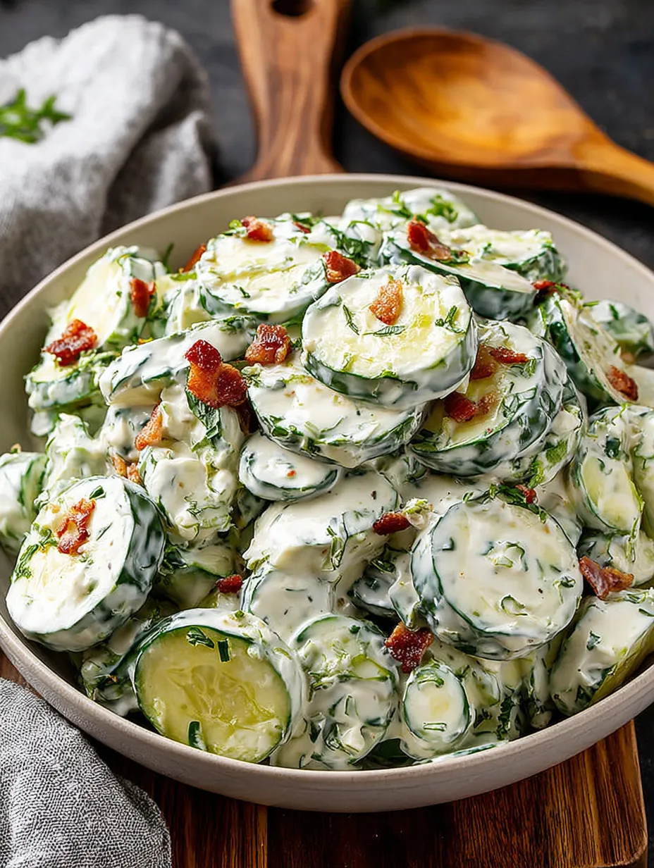 A bowl of food with bacon and cucumbers.