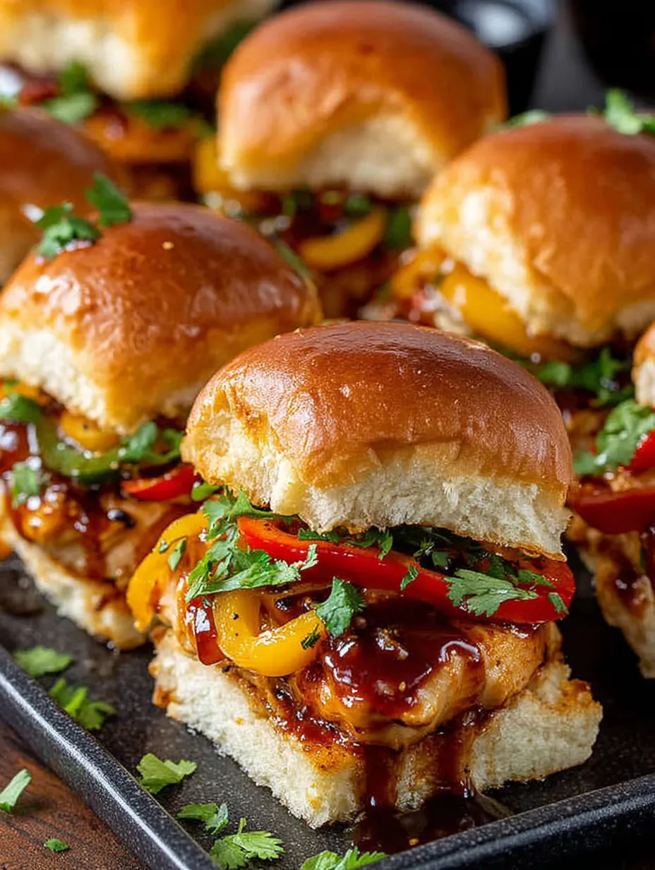 A plate of mini burgers with peppers and onions.