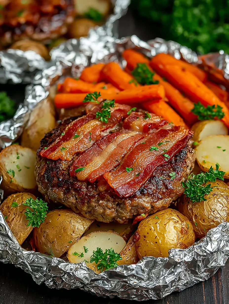 Bacon wrapped meat with carrots and potatoes.