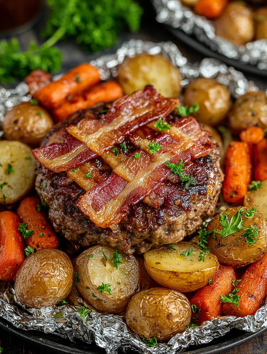 A hamburger with bacon and potatoes.