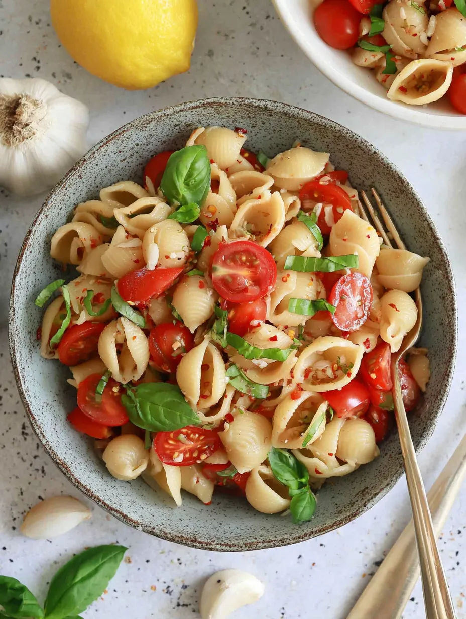 A bowl of pasta with tomatoes and basil.