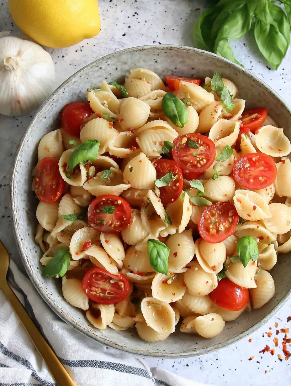 A bowl of pasta with tomatoes and basil.