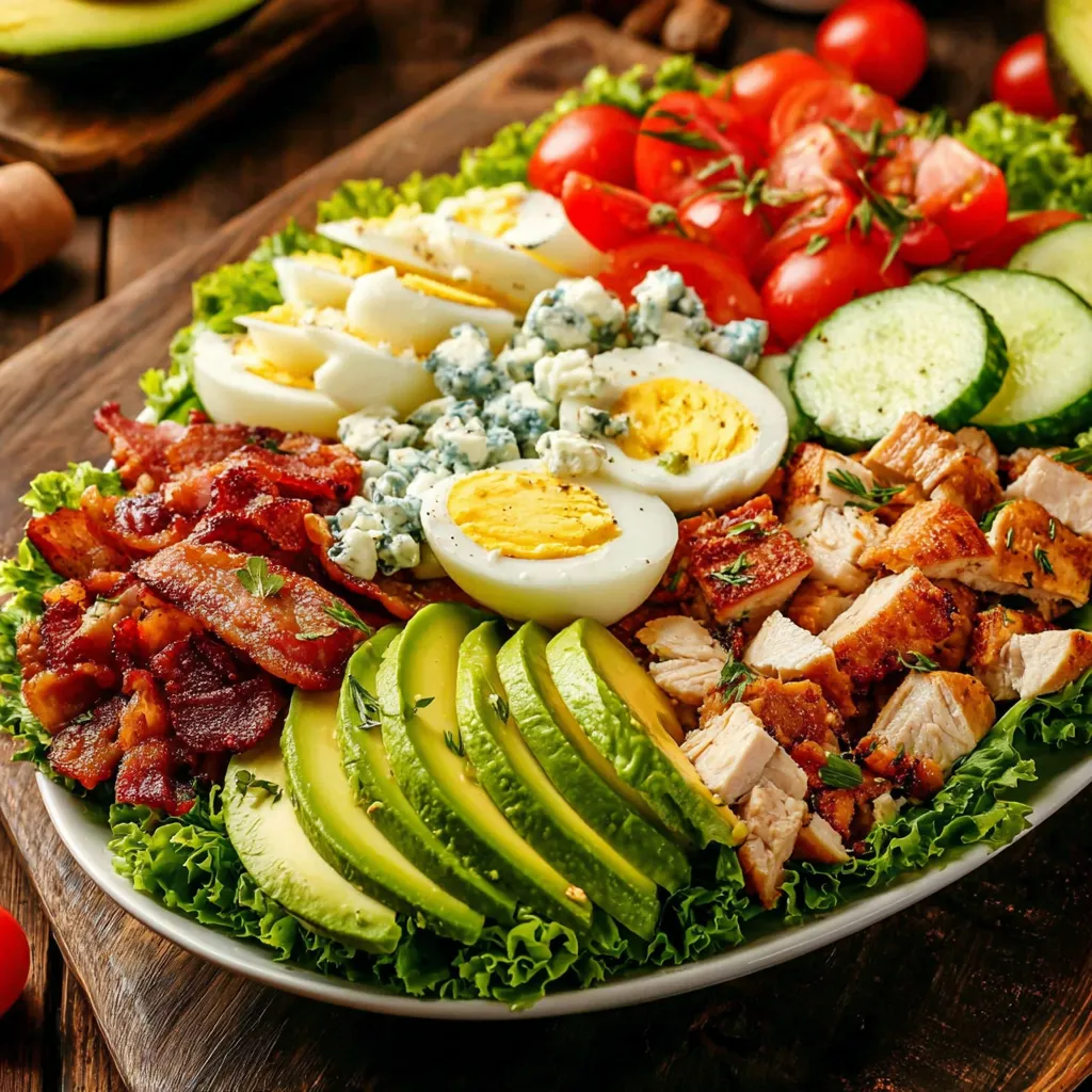 A plate of food with eggs, bacon, tomatoes, avocado, and blue cheese.