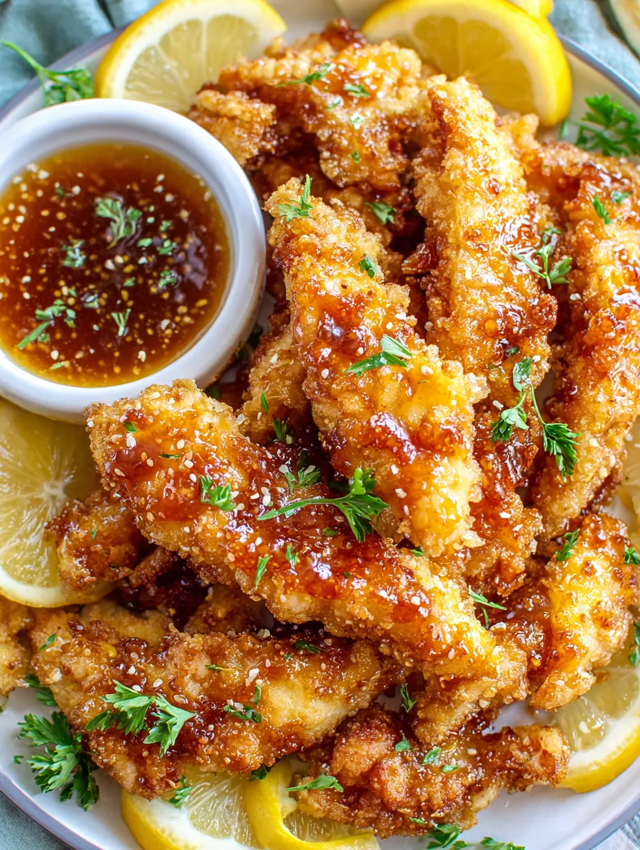 A plate of fried fish with a lemon wedge on top.