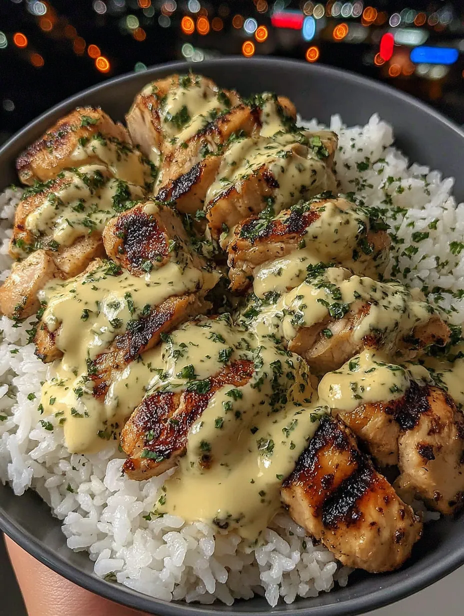 A bowl of rice with chicken and sauce.