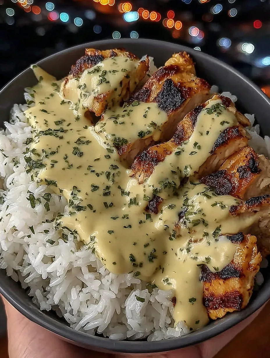A bowl of rice with meat and sauce.