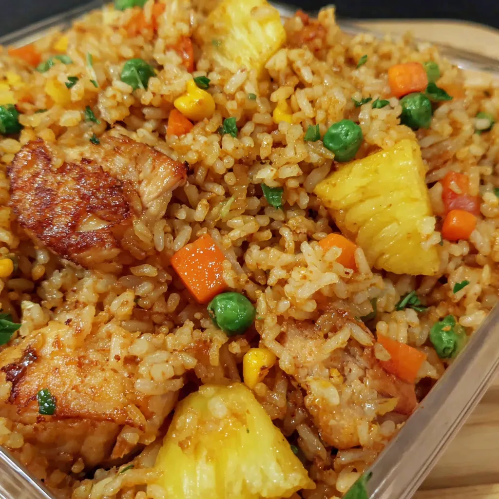 A bowl of rice with chicken and peas.