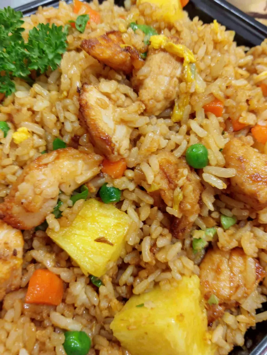 A plate of rice with chicken and vegetables.