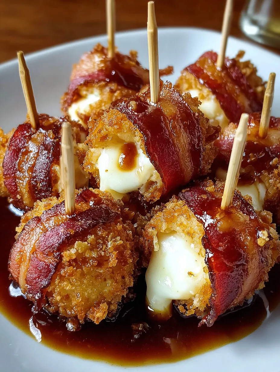 Bacon wrapped appetizers with cheese and sauce.