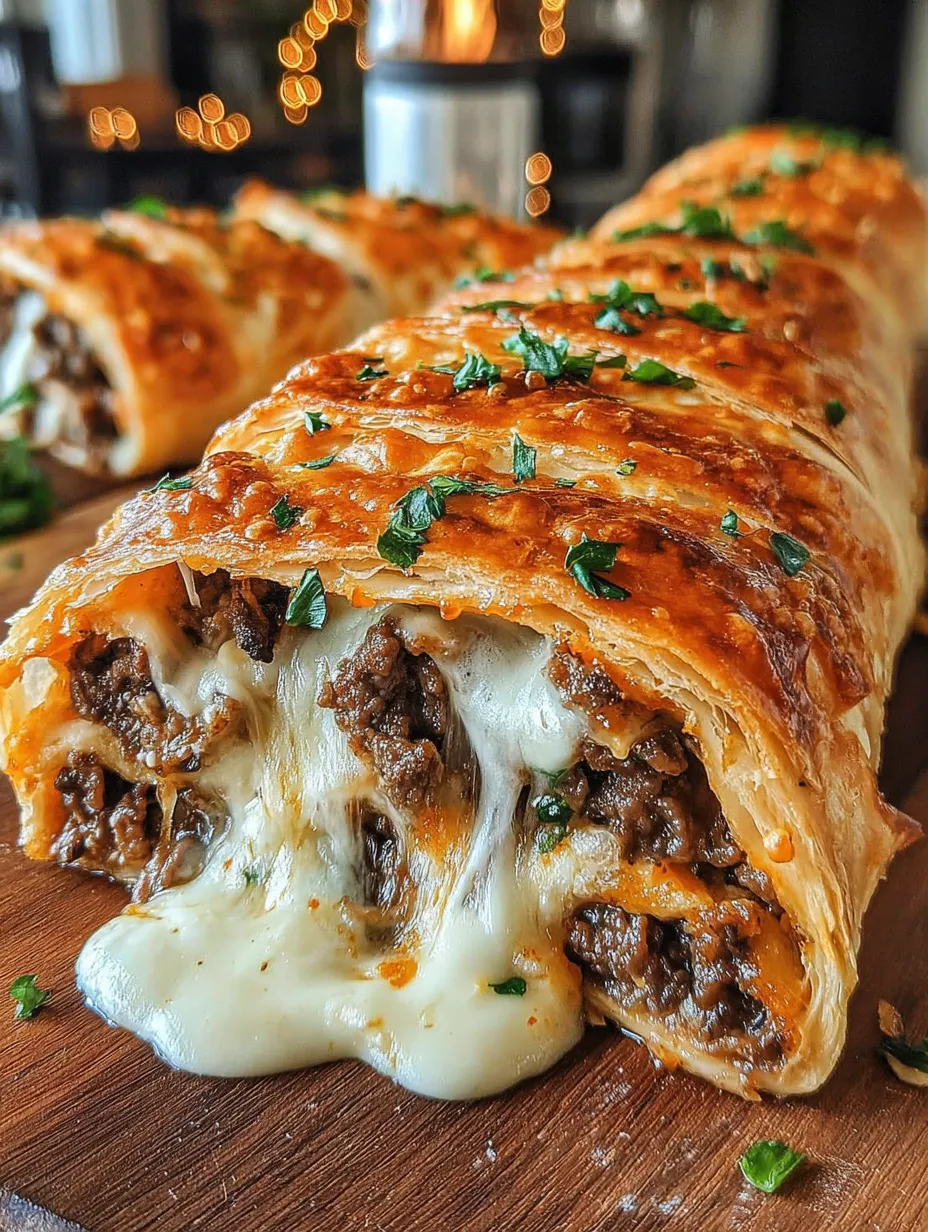 A pastry with meat and cheese on it.