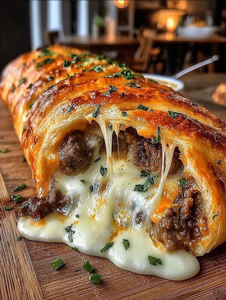 A cheese and meat filled pastry on a wooden table.