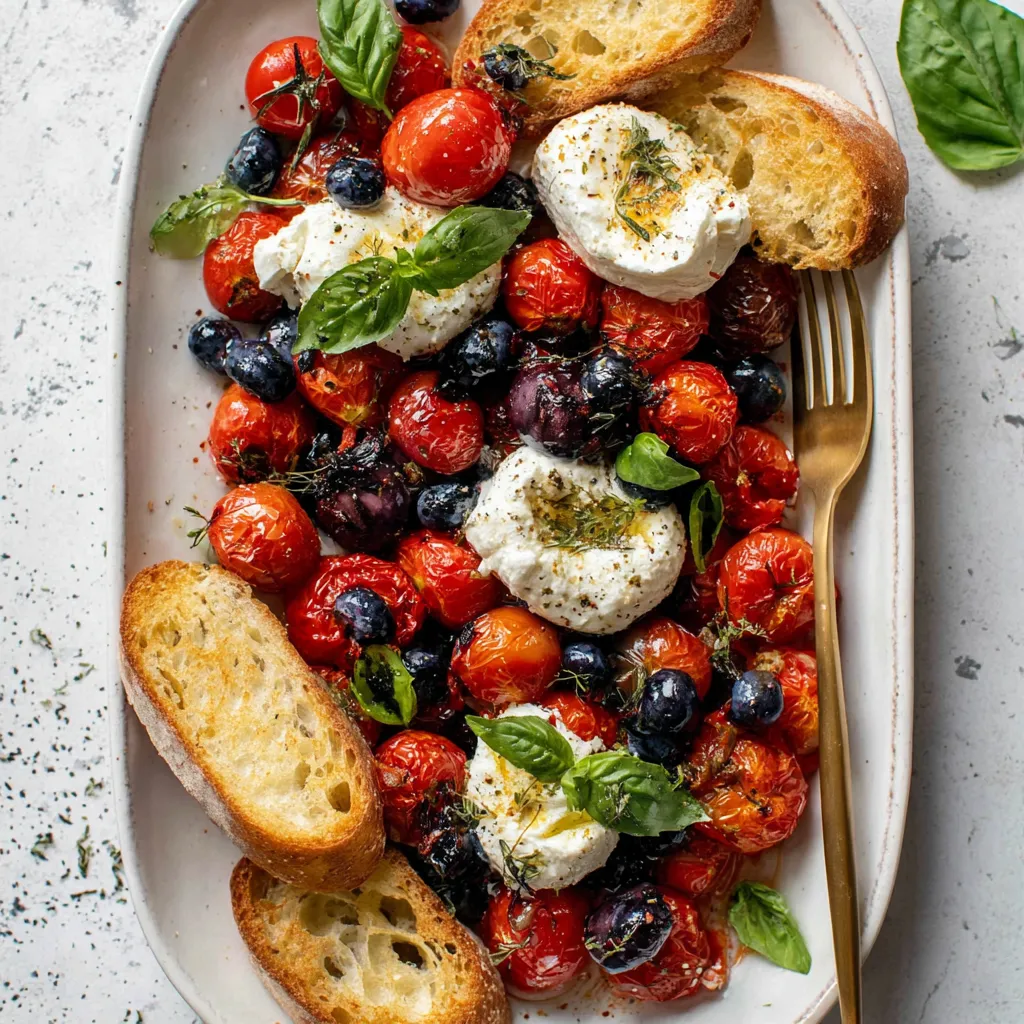 A plate of food with tomatoes, cheese, and bread.