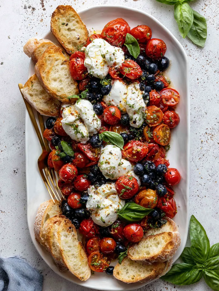 A plate of food with tomatoes, cheese, and blueberries.