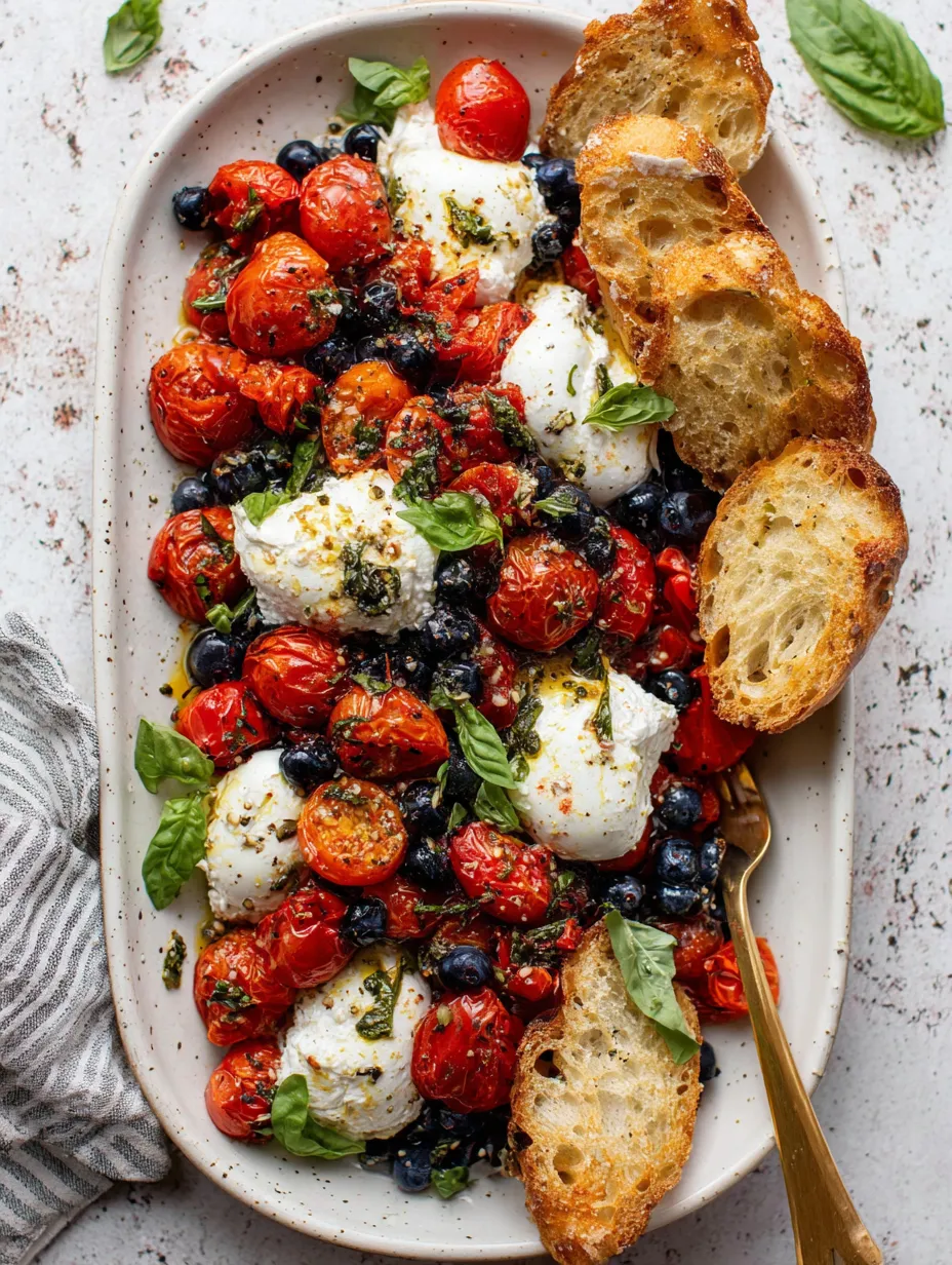 A plate of food with tomatoes, cheese, and bread.