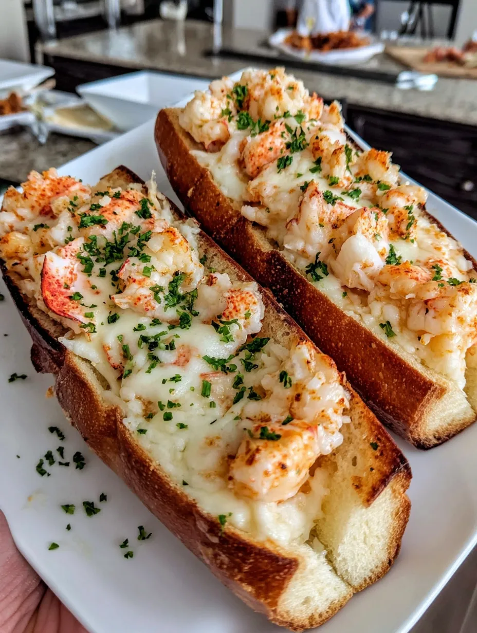 Two pieces of bread with lobster on top.