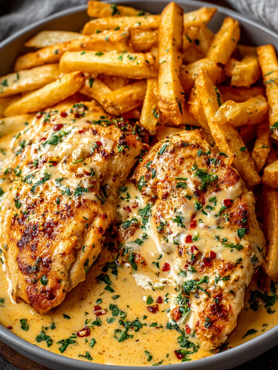 Chicken with sauce and fries.