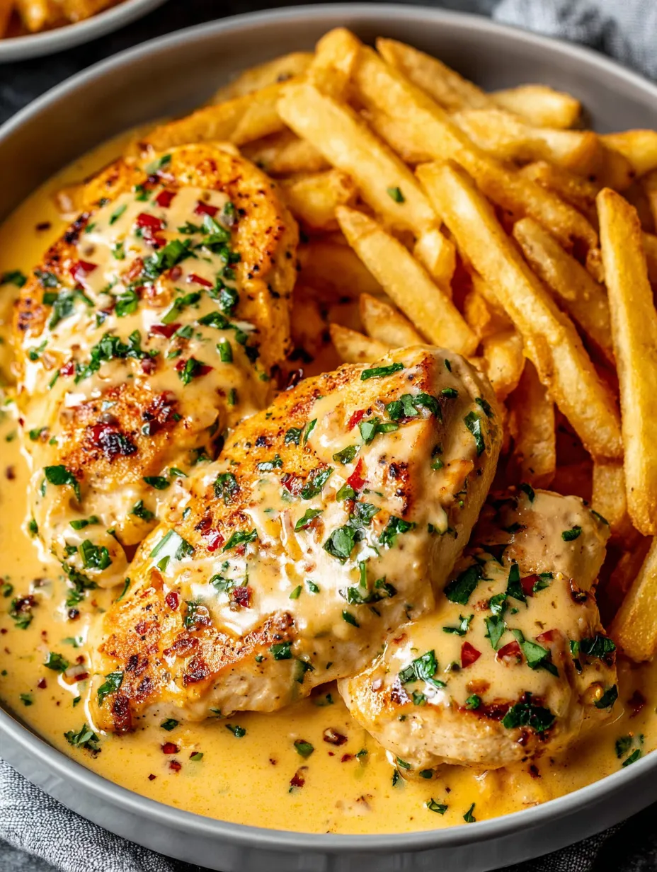 Chicken with sauce and fries.