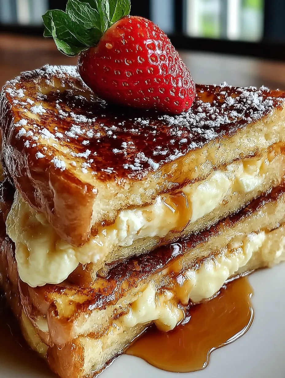 A stack of French toast with a strawberry on top.
