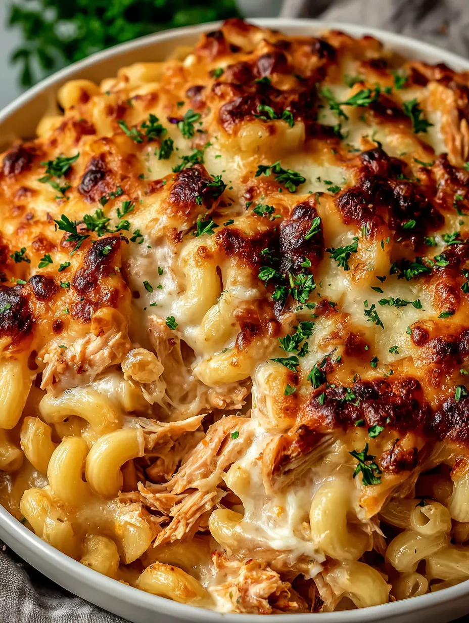 A bowl of macaroni and cheese with chicken.