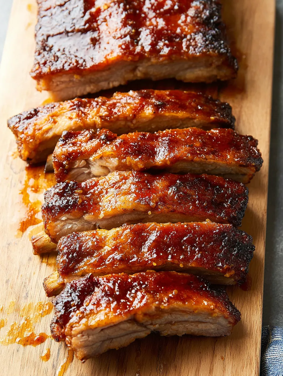 A pile of ribs on a wooden platter.