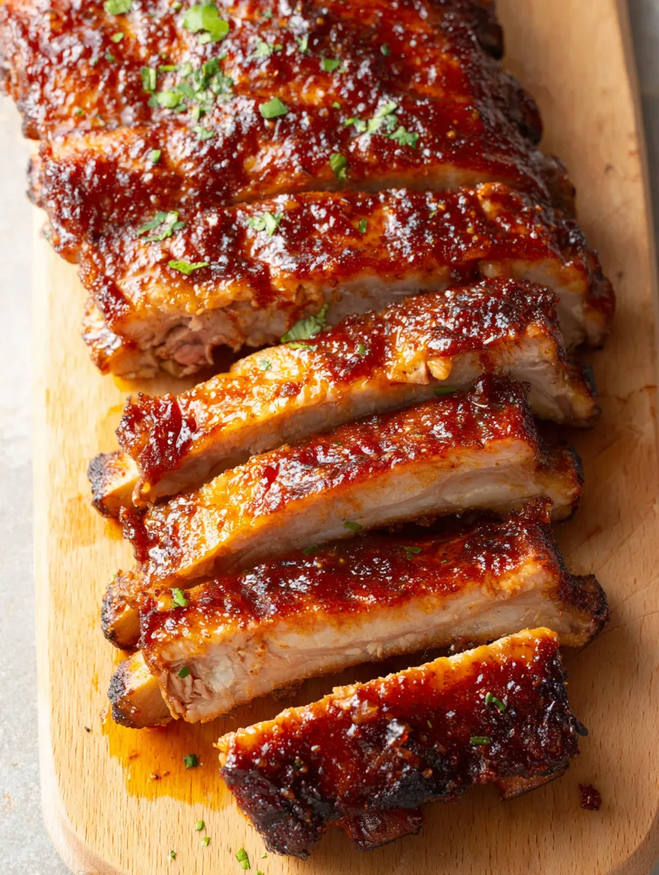 A wooden cutting board with BBQ ribs on it.