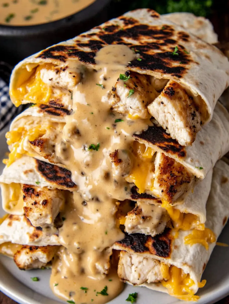 A burrito with chicken and cheese.